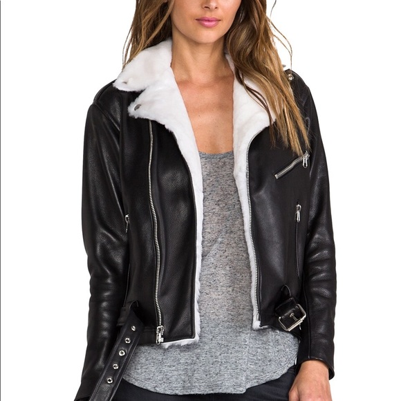 Shearling leather fur coat jacket white / cream and black - Picture 8 of 16